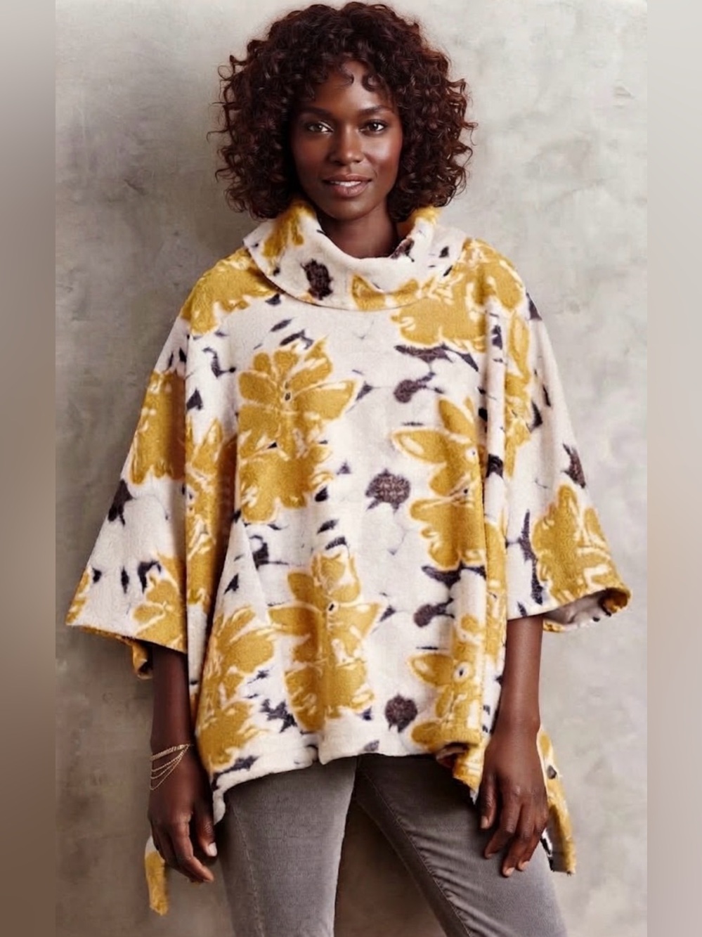 Anthropologie Mustard Cream Floral Brocade Funnel-Neck Poncho Sweater One Size